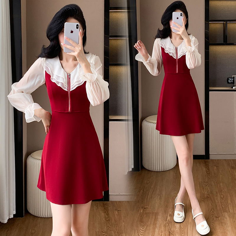 Sweet zip gauze A-line temperament autumn dress