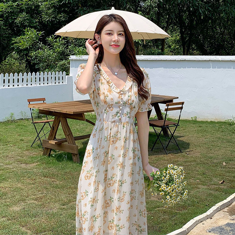 France style printing puff sleeve high waist chiffon dress