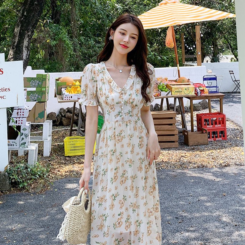 France style printing puff sleeve high waist chiffon dress