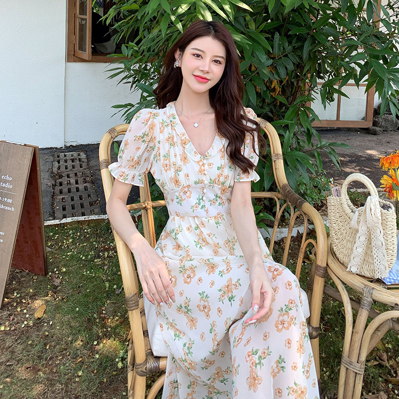 France style printing puff sleeve high waist chiffon dress