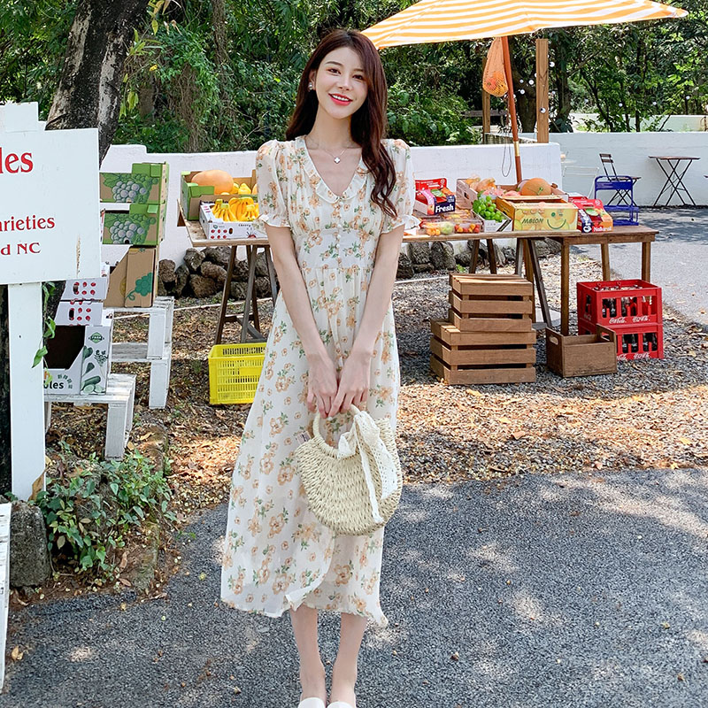 France style printing puff sleeve high waist chiffon dress
