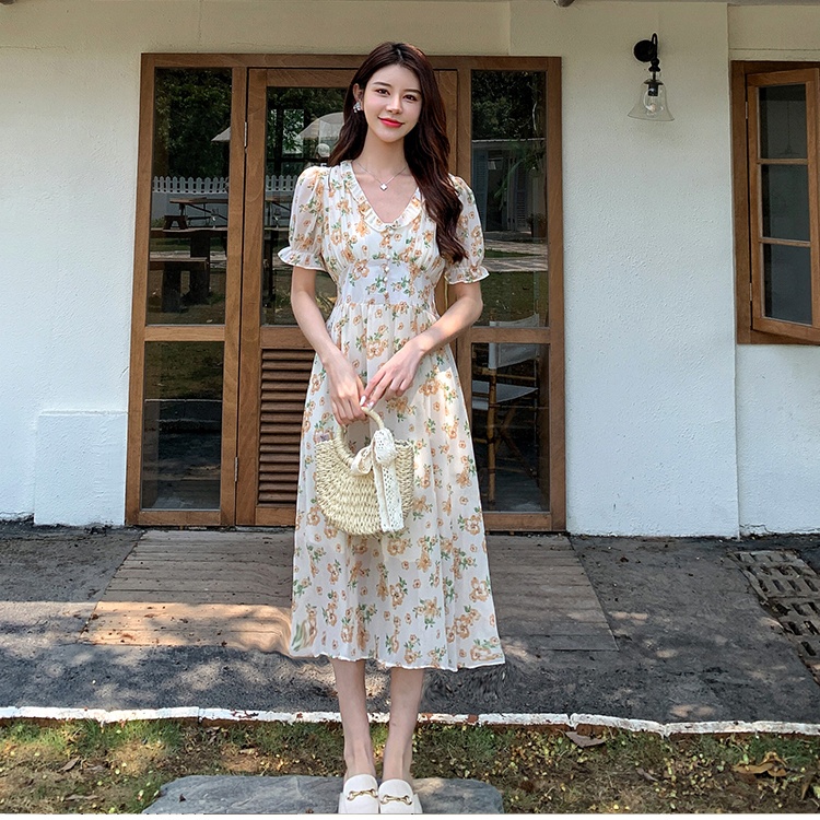 France style printing puff sleeve high waist chiffon dress