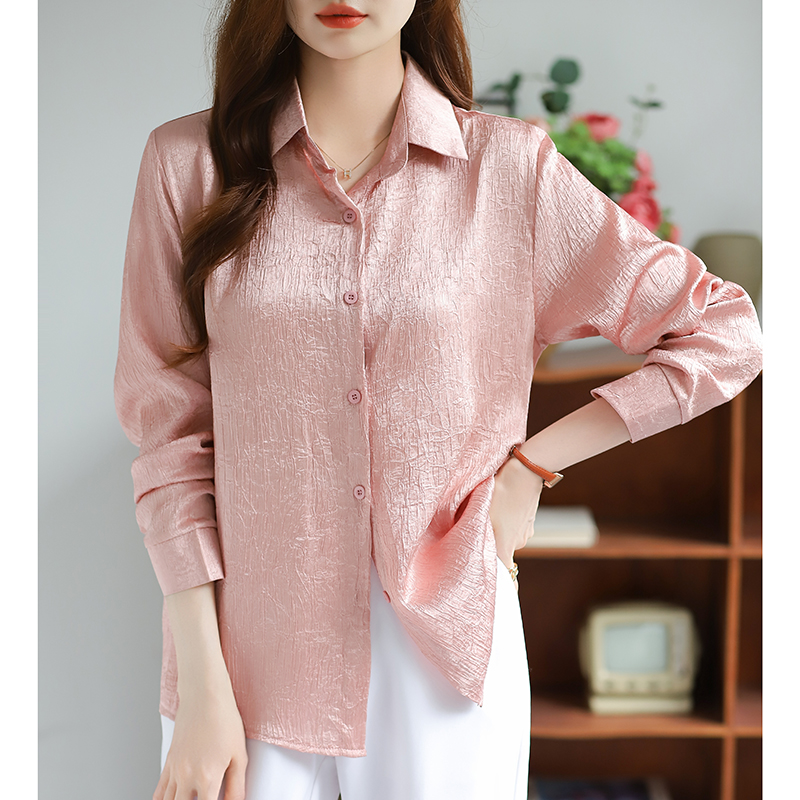 Commuting long sleeve satin loose wrinkle shirt for women