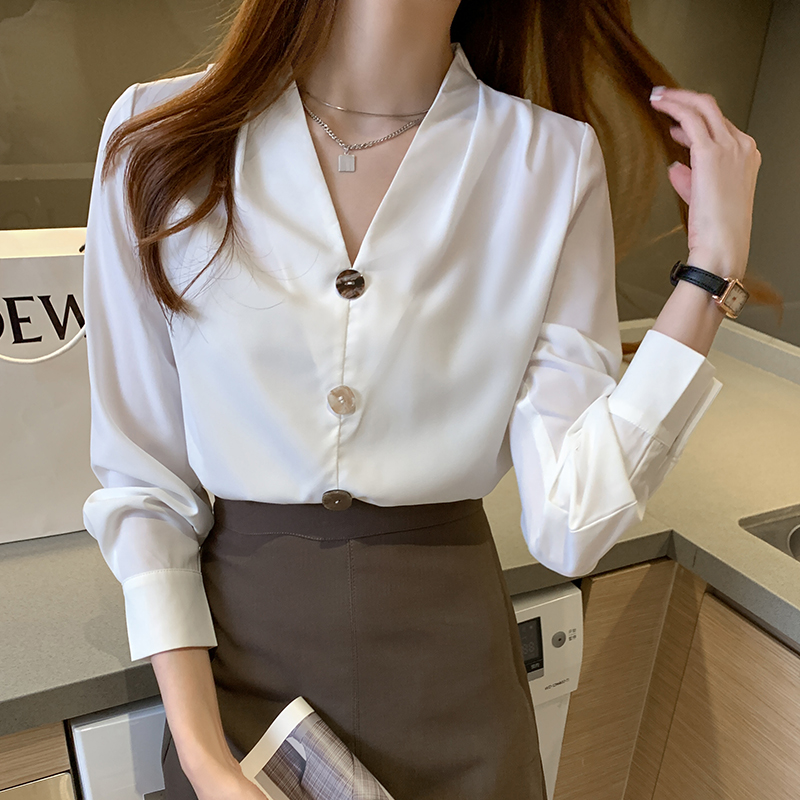 Long sleeve all-match shirt V-neck tops for women
