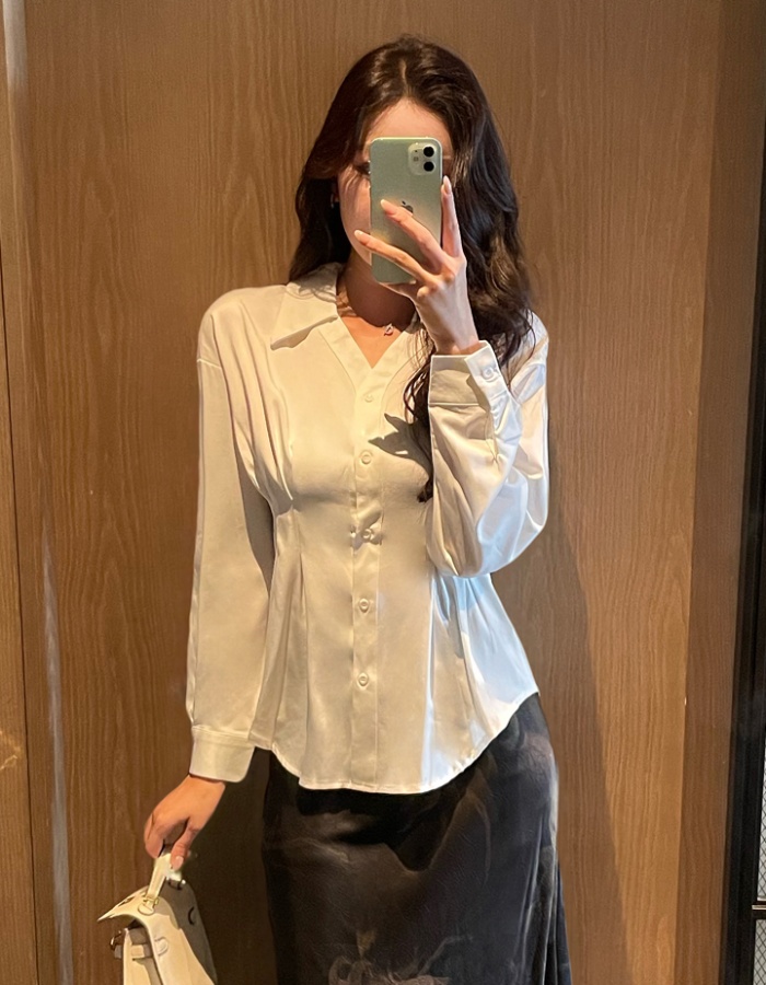 Pinched waist autumn slim temperament all-match V-neck shirt