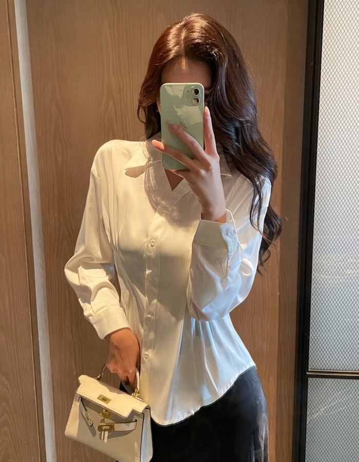 Pinched waist autumn slim temperament all-match V-neck shirt