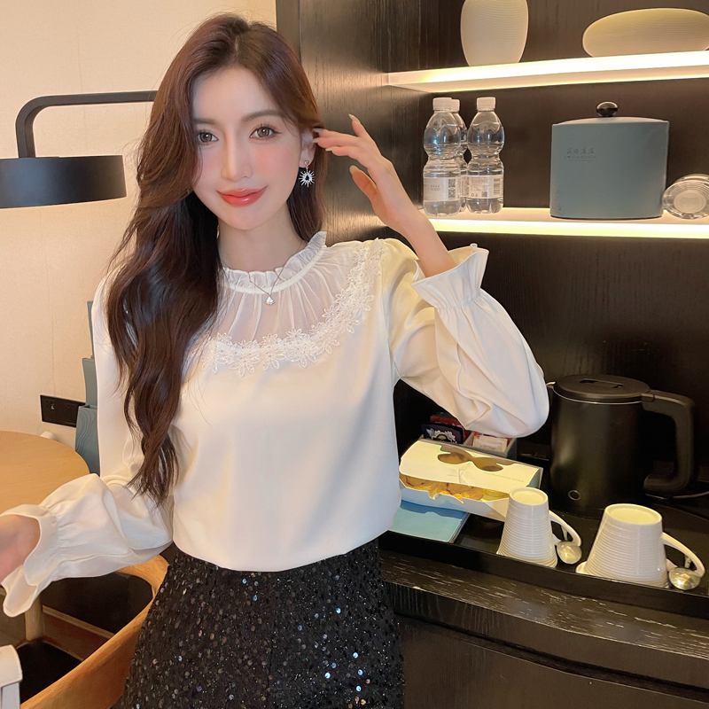 Temperament splice unique tops autumn lace shirt