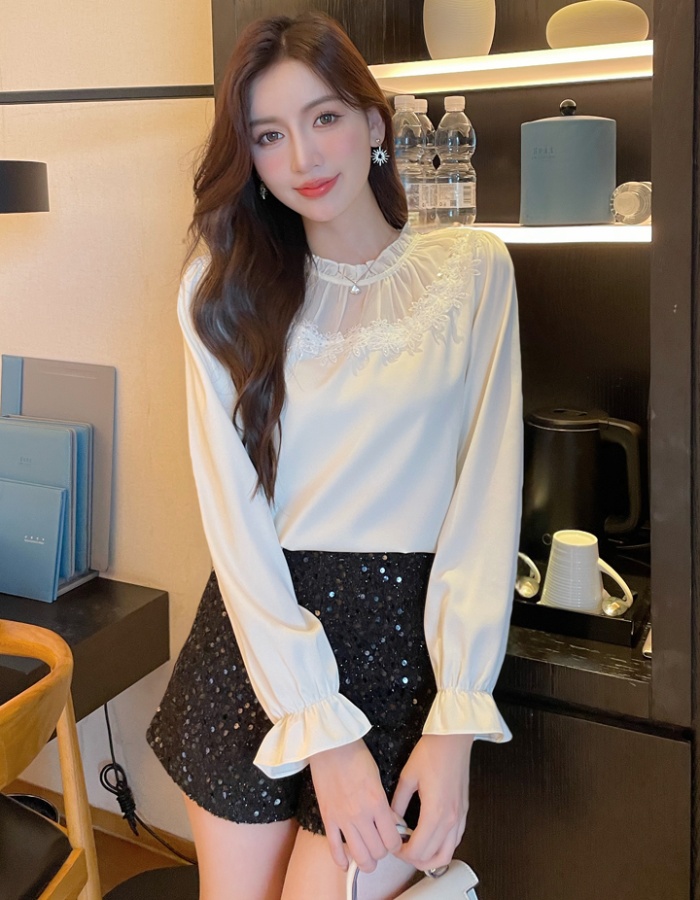 Temperament splice unique tops autumn lace shirt