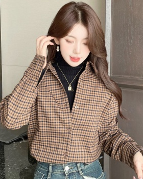 Houndstooth thin plaid shirt all-match spring tops