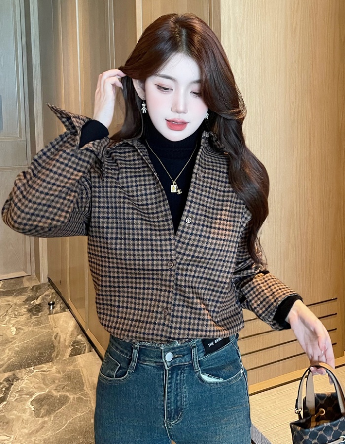 Houndstooth thin plaid shirt all-match spring tops