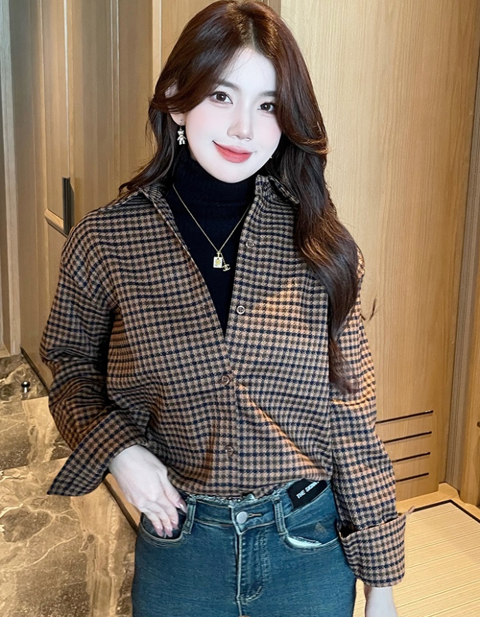 Houndstooth thin plaid shirt all-match spring tops