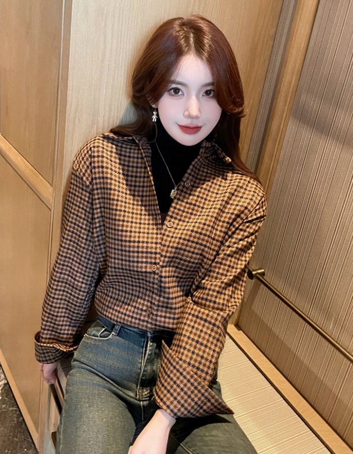 Houndstooth thin plaid shirt all-match spring tops