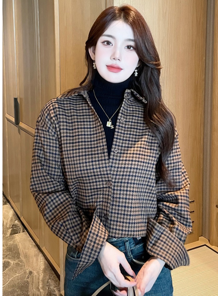 Houndstooth thin plaid shirt all-match spring tops
