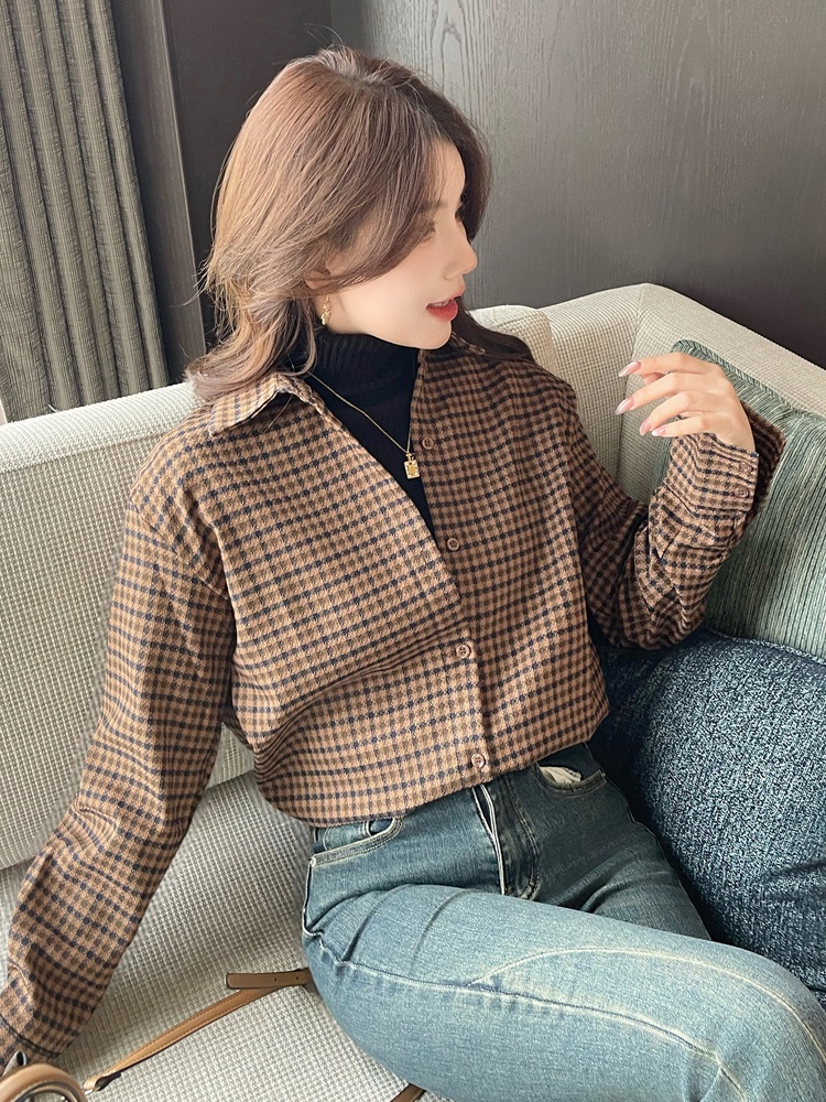 Houndstooth thin plaid shirt all-match spring tops
