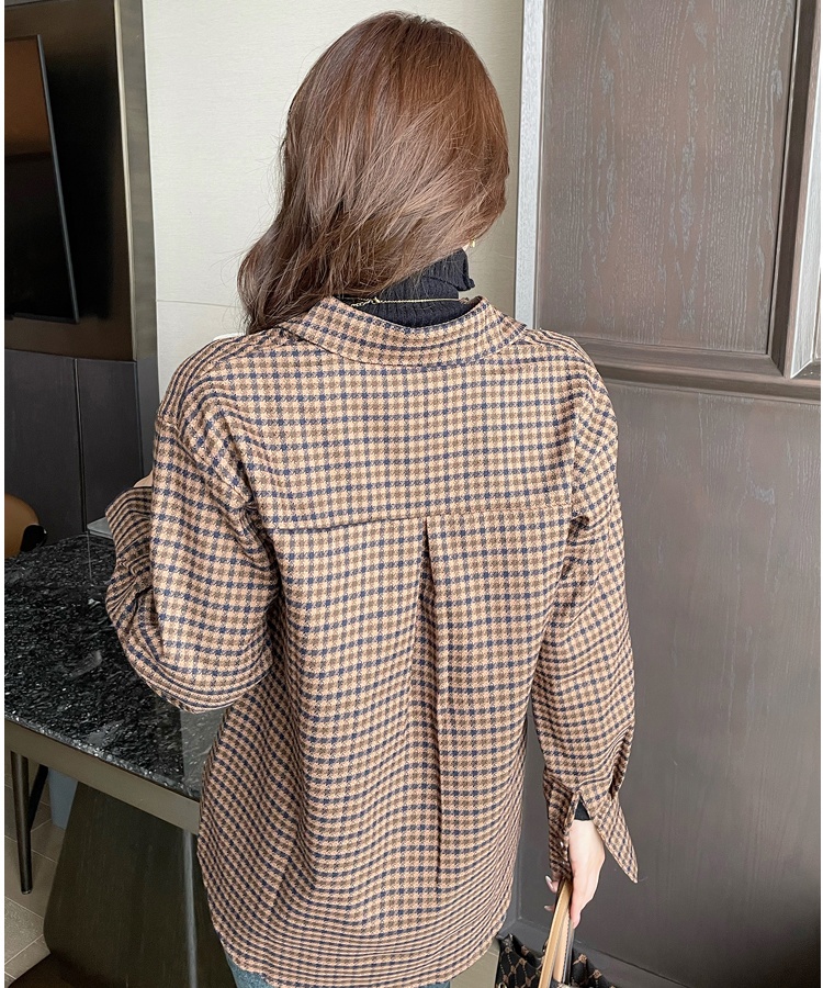 Houndstooth thin plaid shirt all-match spring tops