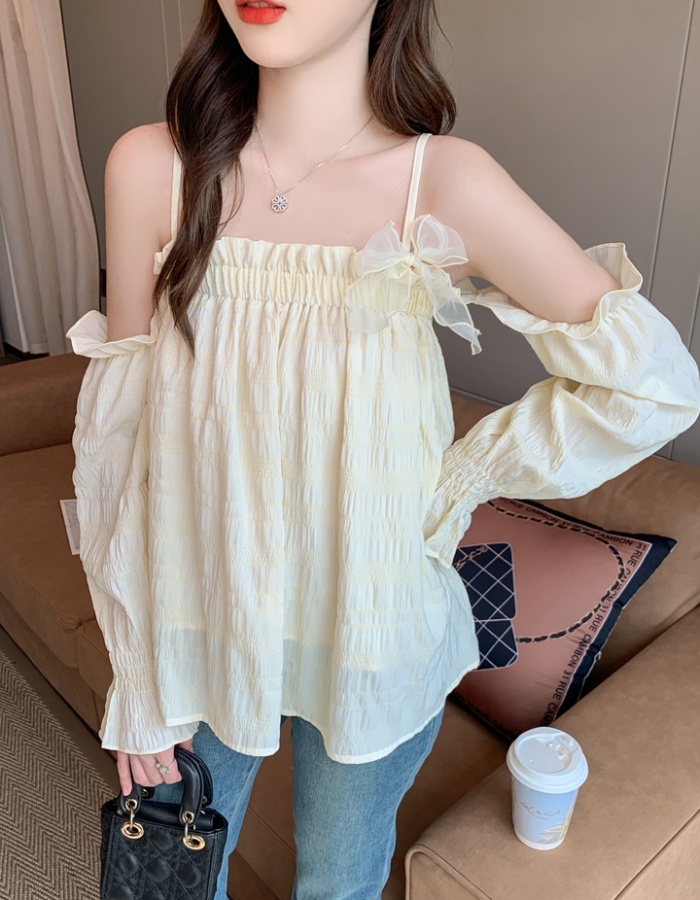 Long sleeve bow sling tops sweet vacation strapless shirt