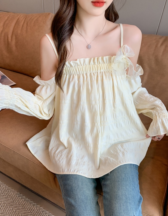Long sleeve bow sling tops sweet vacation strapless shirt