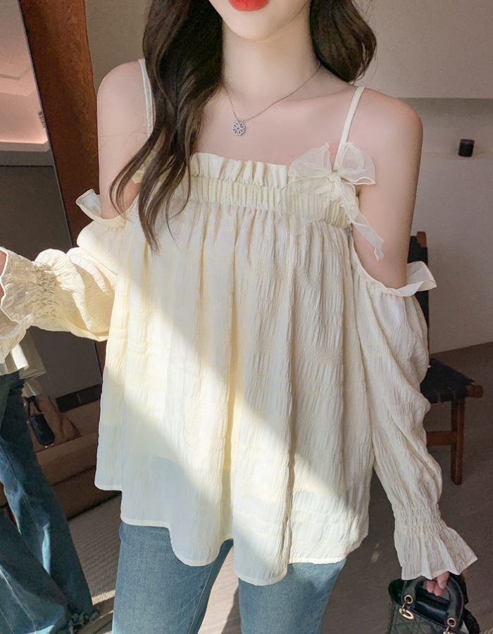 Long sleeve bow sling tops sweet vacation strapless shirt