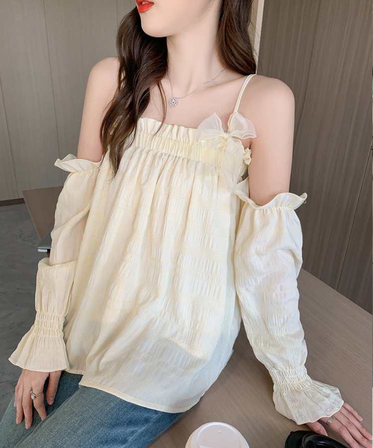 Long sleeve bow sling tops sweet vacation strapless shirt