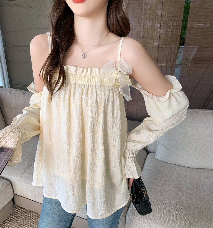 Long sleeve bow sling tops sweet vacation strapless shirt