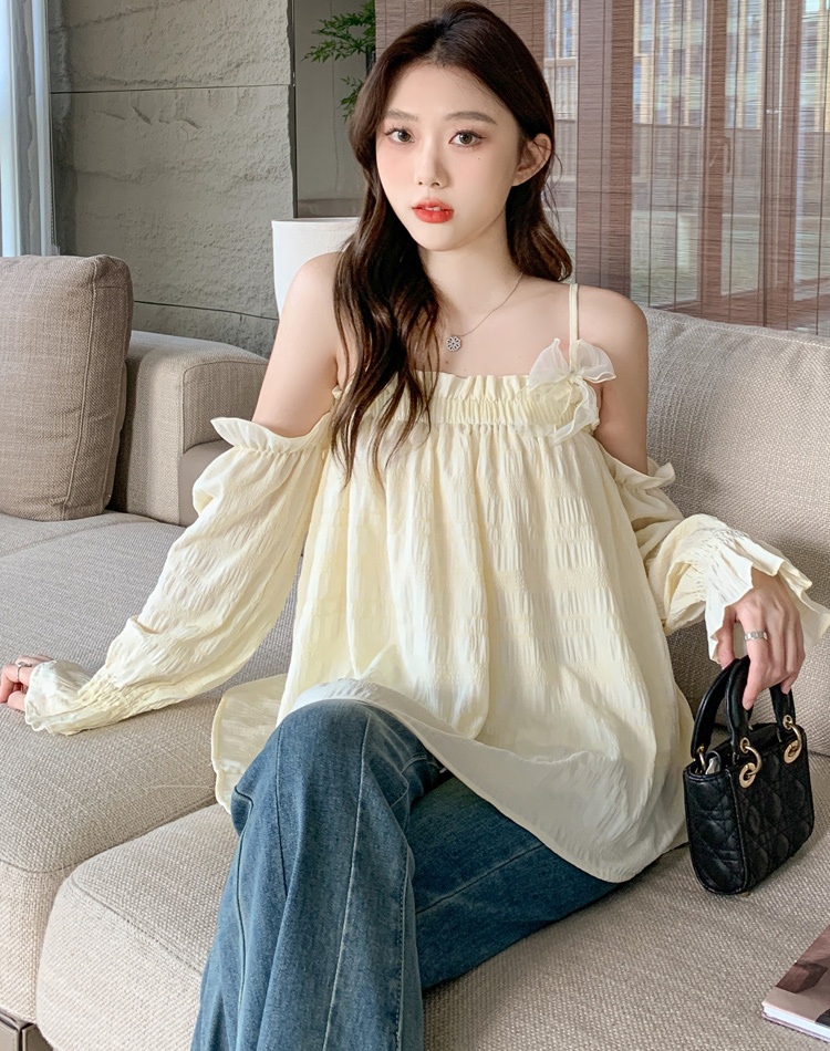 Long sleeve bow sling tops sweet vacation strapless shirt