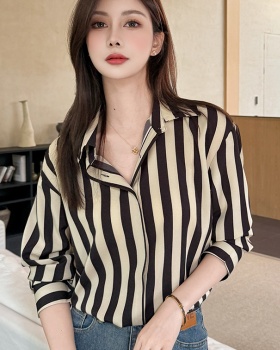 Stripe commuting autumn tops retro Casual shirt for women