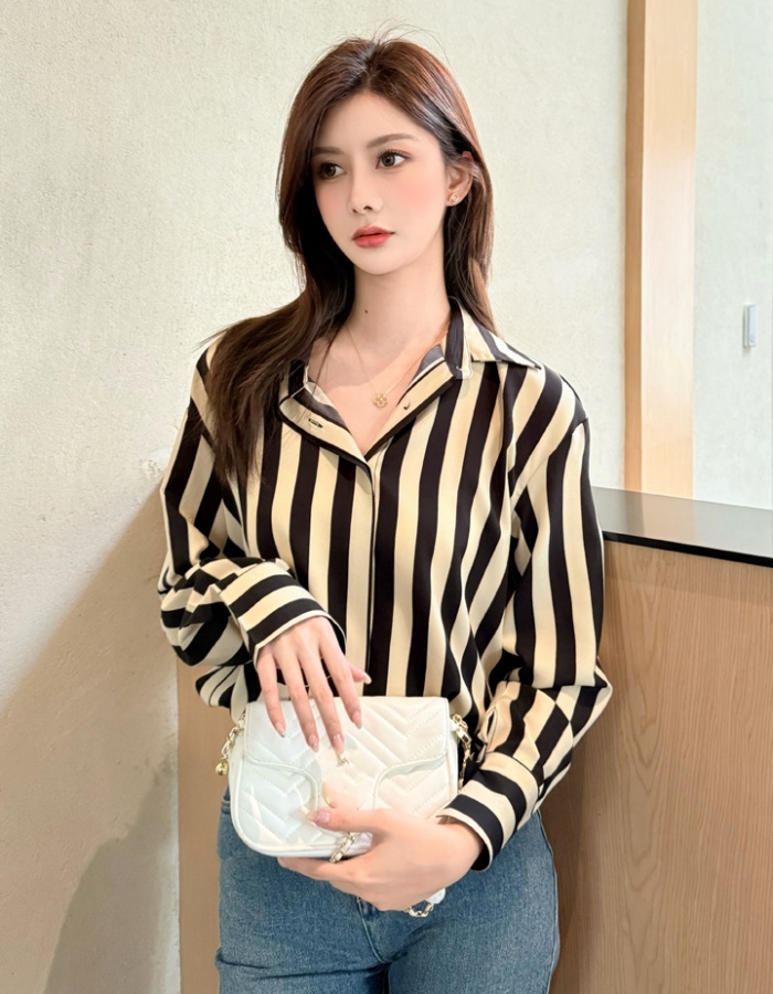 Stripe commuting autumn tops retro Casual shirt for women