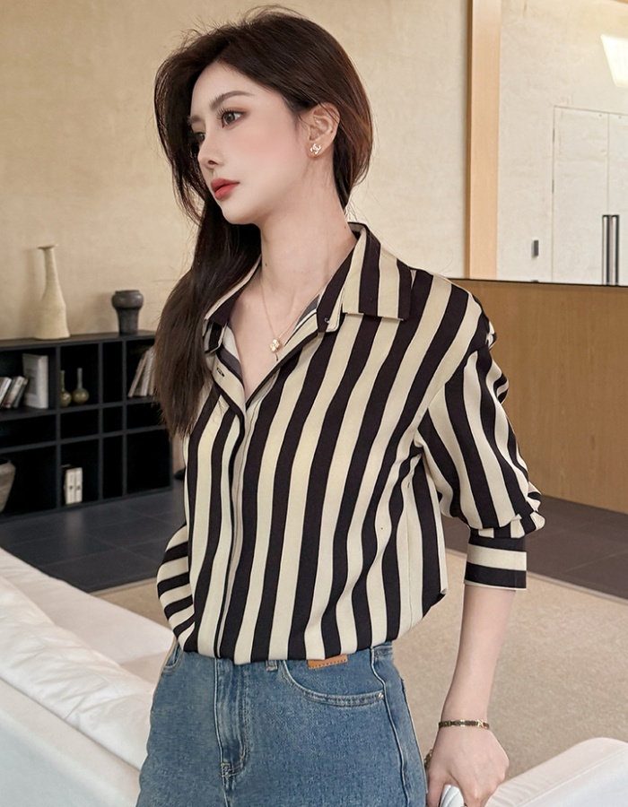 Stripe commuting autumn tops retro Casual shirt for women