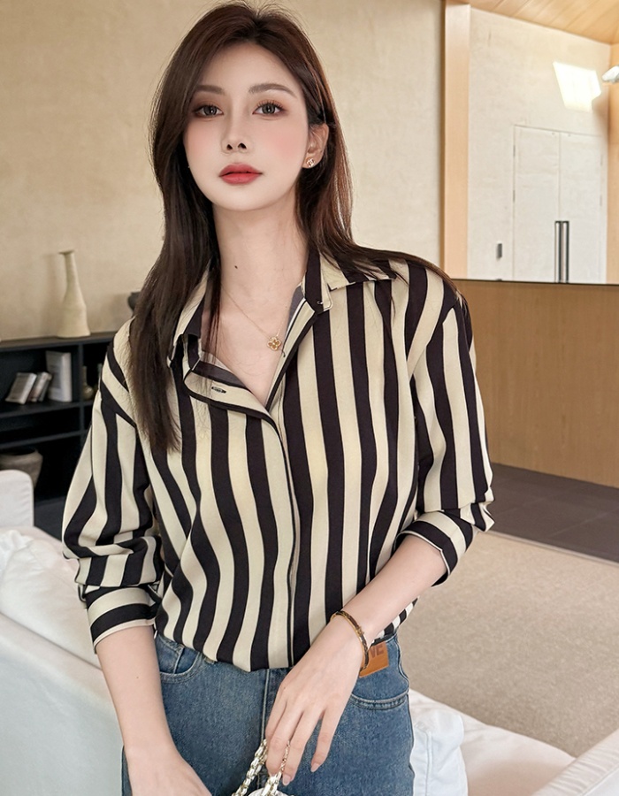 Stripe commuting autumn tops retro Casual shirt for women