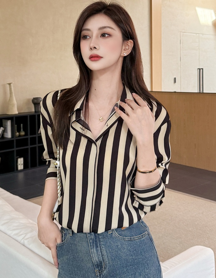 Stripe commuting autumn tops retro Casual shirt for women