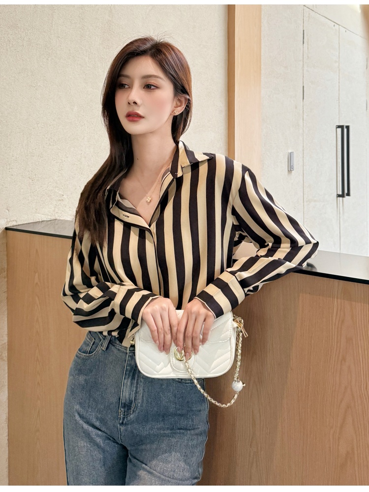 Stripe commuting autumn tops retro Casual shirt for women