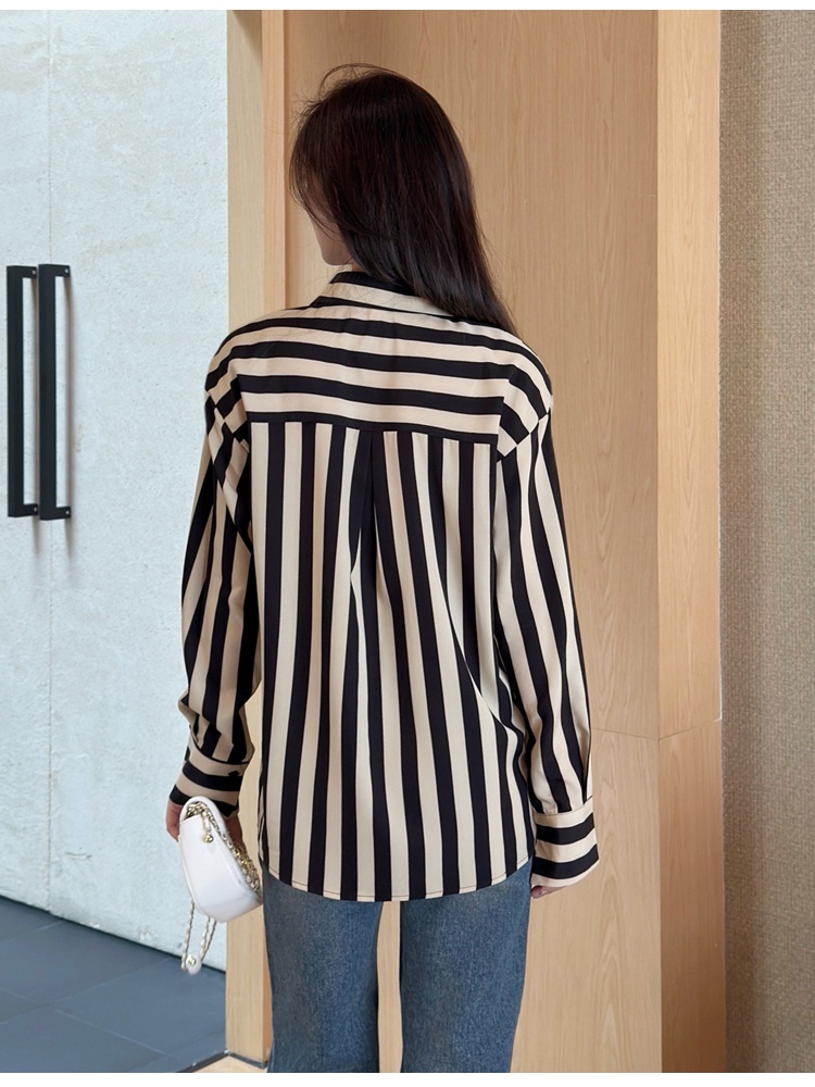 Stripe commuting autumn tops retro Casual shirt for women