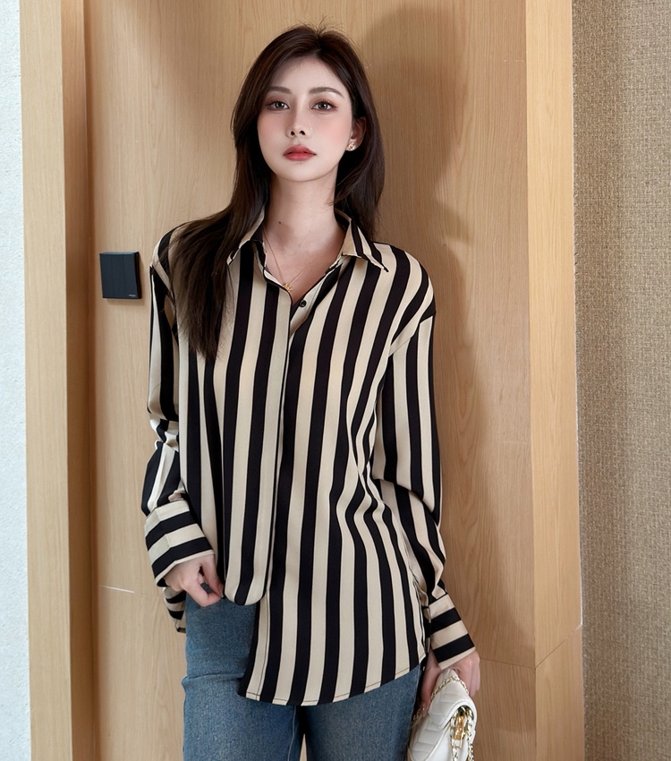 Stripe commuting autumn tops retro Casual shirt for women