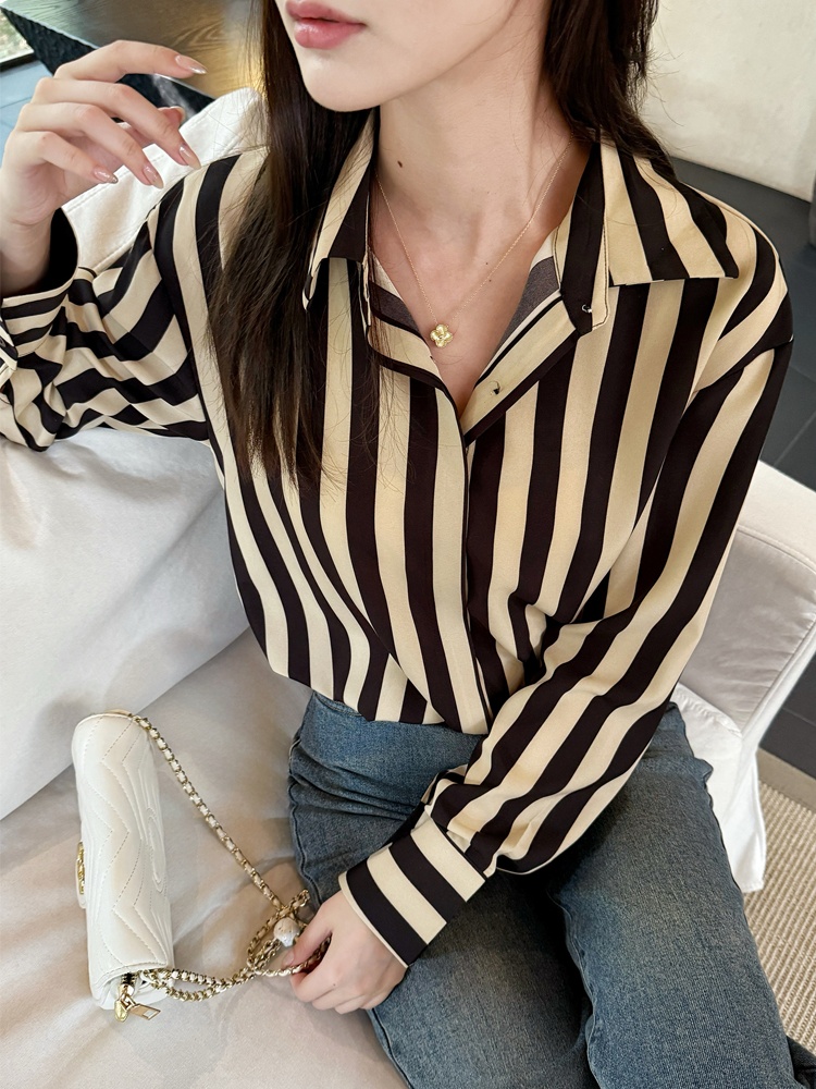 Stripe commuting autumn tops retro Casual shirt for women
