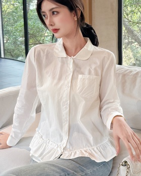 Irregular lotus leaf edges lace shirt all-match white tops