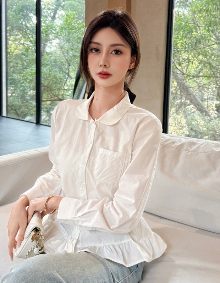 Irregular lotus leaf edges lace shirt all-match white tops