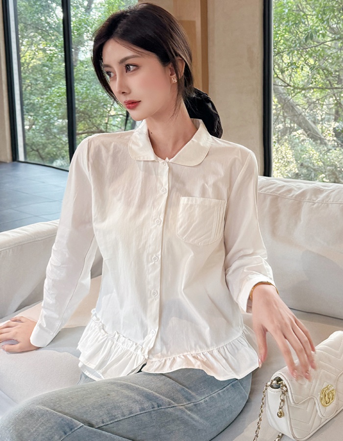 Irregular lotus leaf edges lace shirt all-match white tops