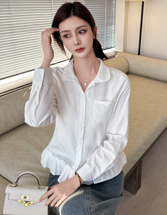 Irregular lotus leaf edges lace shirt all-match white tops