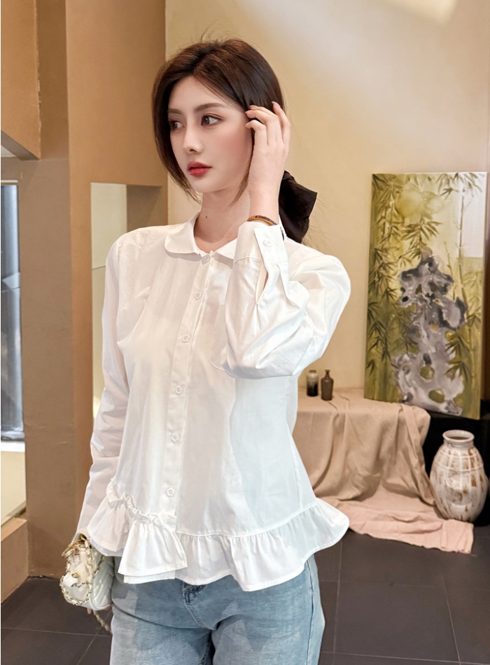 Irregular lotus leaf edges lace shirt all-match white tops