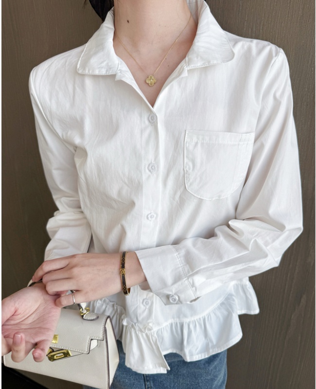 Irregular lotus leaf edges lace shirt all-match white tops