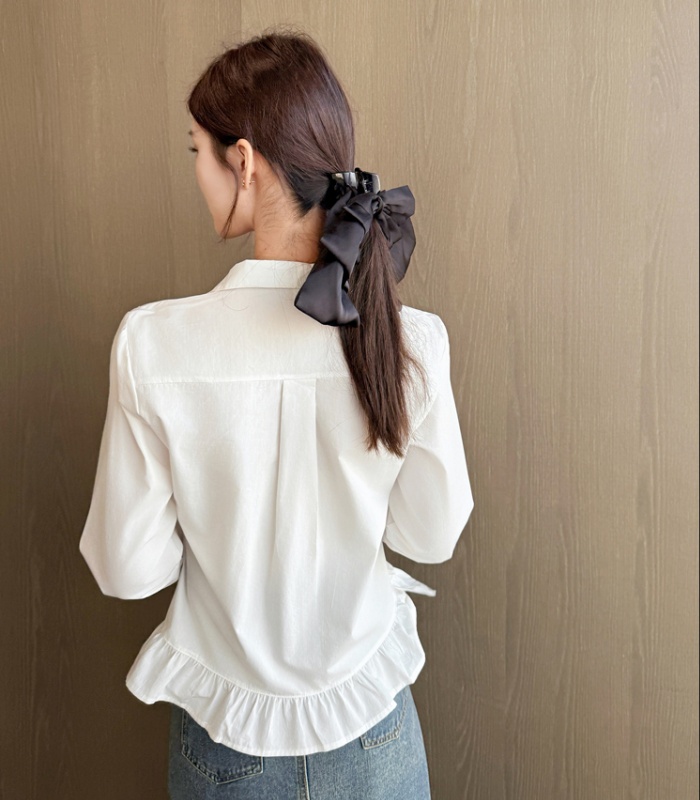 Irregular lotus leaf edges lace shirt all-match white tops