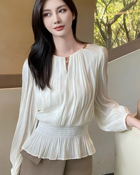 Long sleeve spring thin tops round neck slim chiffon shirt