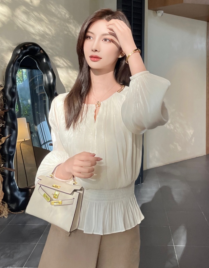 Long sleeve spring thin tops round neck slim chiffon shirt