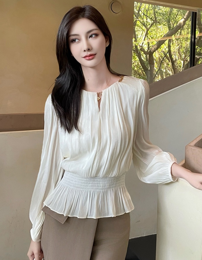 Long sleeve spring thin tops round neck slim chiffon shirt