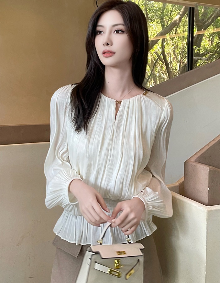 Long sleeve spring thin tops round neck slim chiffon shirt