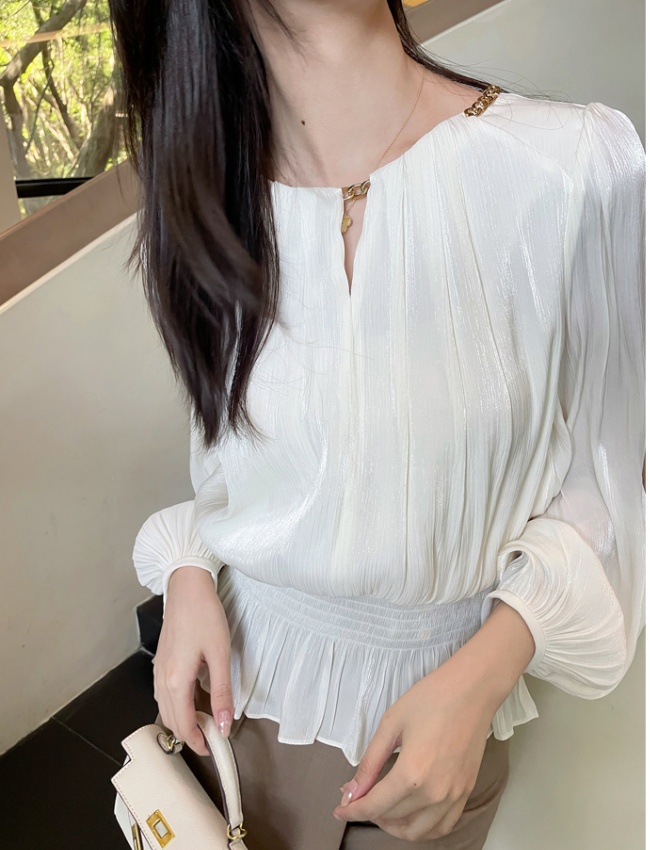 Long sleeve spring thin tops round neck slim chiffon shirt