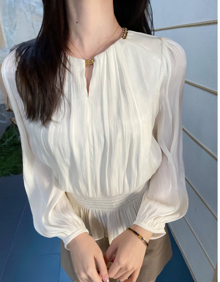 Long sleeve spring thin tops round neck slim chiffon shirt