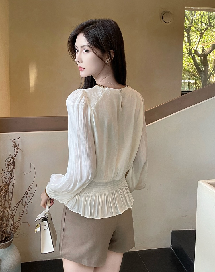 Long sleeve spring thin tops round neck slim chiffon shirt