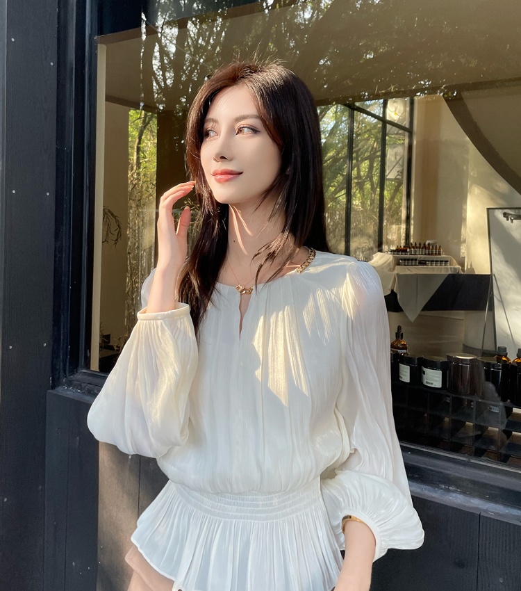 Long sleeve spring thin tops round neck slim chiffon shirt