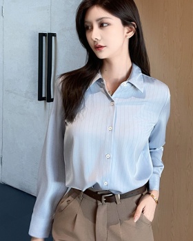 Satin stripe autumn tops commuting temperament shirt for women
